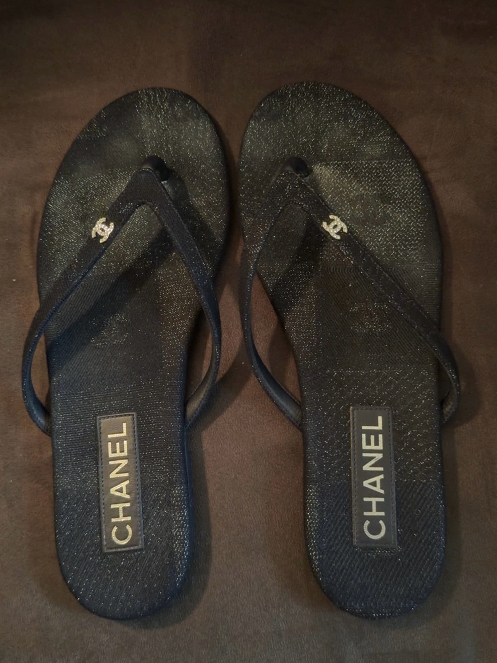 CHANEL Dark Blue Crystal Logo Flip Flop Sandals